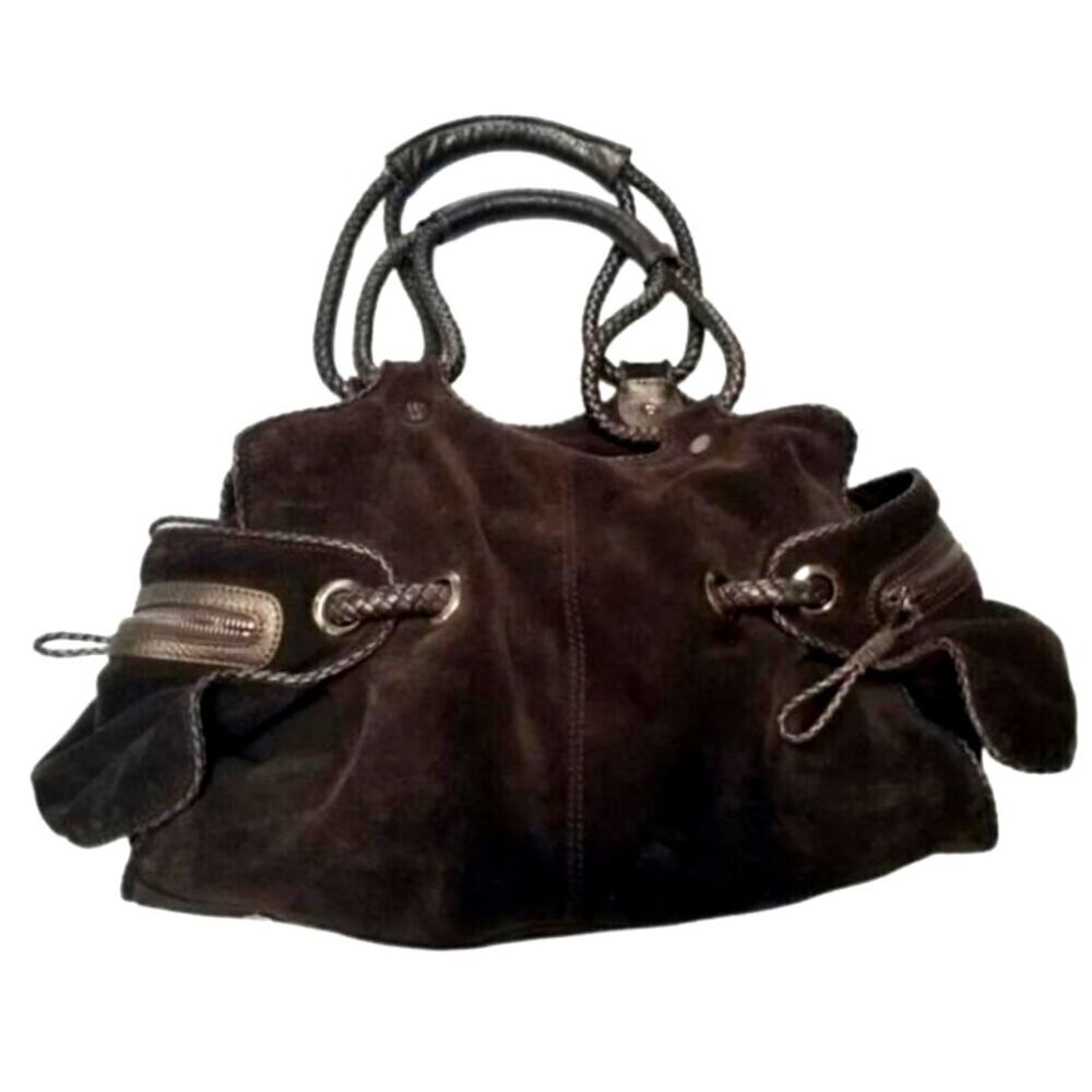 VINTAGE Y2K STUART WEITZMAN SLOUCHY SATCHEL BROWN SUEDE BRAIDED LEATHER HANDLES